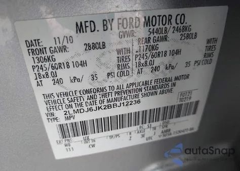 2011 Lincoln Mkx z USA, uszkodzony, nr VIN 2LMDJ6JK2BBJ12236